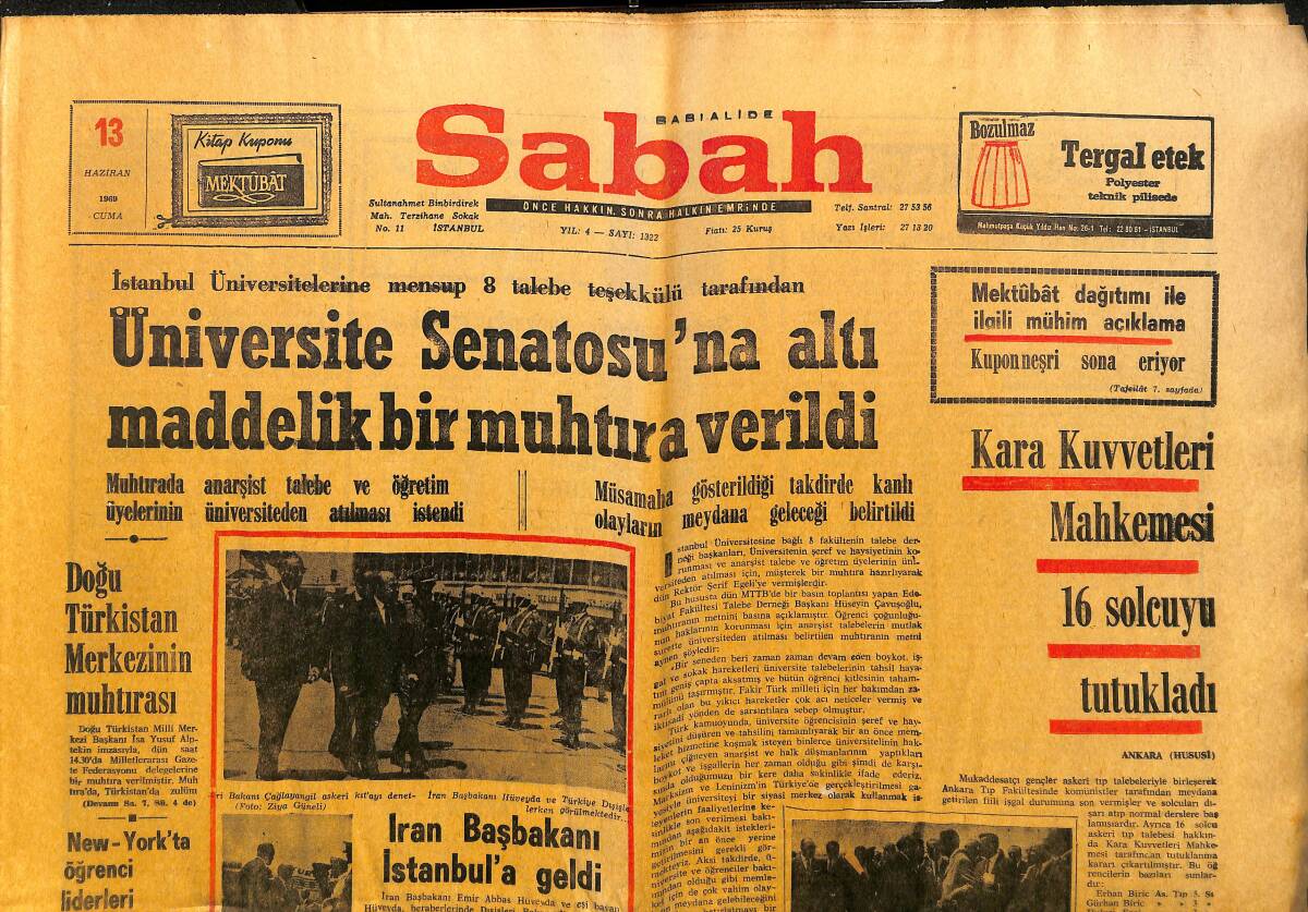 Sabah Gazetesi 13 Haziran 1969 - Kara Kuvvetleri Mahkemesi 16 Solcuyu Tutukladı - İran Başbakanı İstanbul'a Geldi GZ149721 - 1