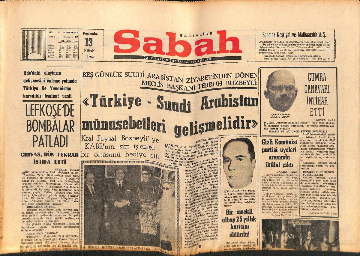 Sabah Gazetesi 13 Nisan 1967 - Gizli Komünist Partisi Üyeleri Arasında İhtilaf Çıktı - Hamido Teslim Oldu - Grivas,Dün Tekrar İstifa Etti GZ149544 - 1