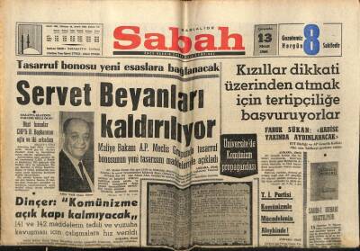 Sabah Gazetesi 13 Nisan 1969 - Servet Beyanları Kaldırılıyor GZ64183 - 1