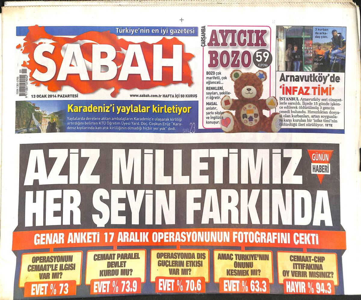 Sabah Gazetesi 13 Ocak 2014 - Arnavutköy'de İnfaz Timi - Vivaldi Orkestra İstanbul'da - Volkan Demirel'in Tango Mesaisi - Herkes Arda Turan'ı Konuştu GZ137016 - 1
