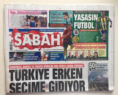 Sabah Gazetesi 14 Ağustos 2015 - Türkiye Erken Seçime Gidiyor GZ6470 - 2