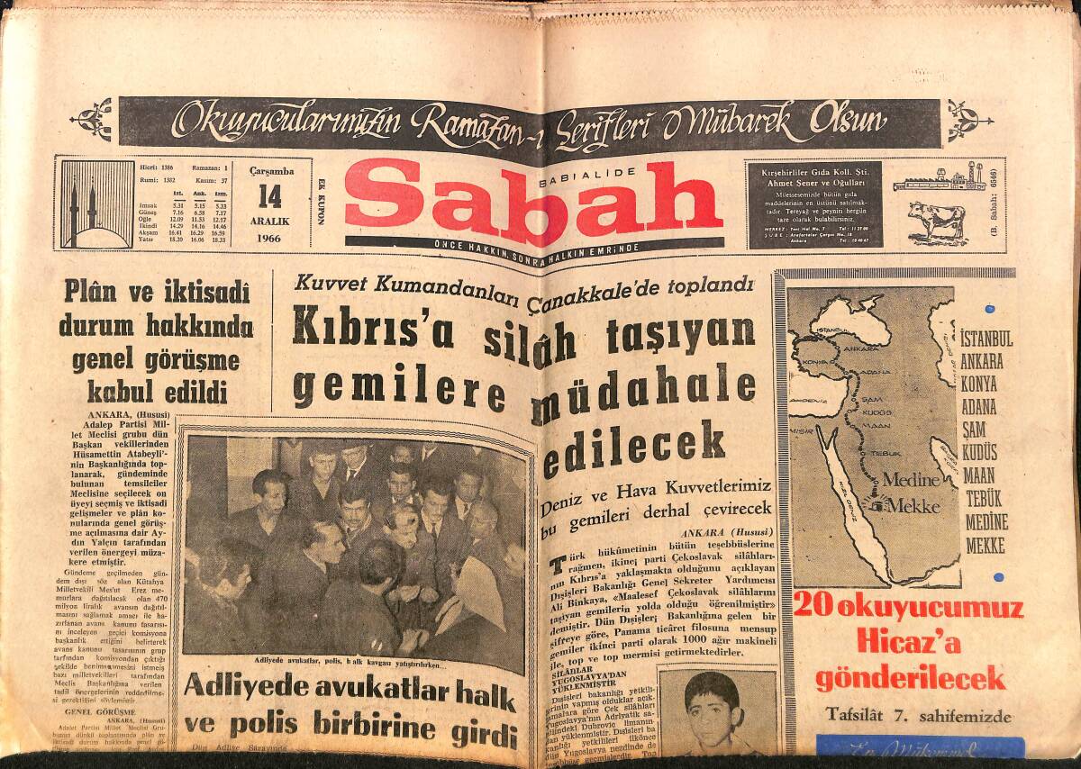 Sabah Gazetesi 14 Aralık 1966 - Dolmabahçe Camii 40 Yıl Sonra Dün İbadete Açıldı - Kıbrıs'a Silah Taşıyan Gemilere Müdahale Edilecek GZ149726 - 1