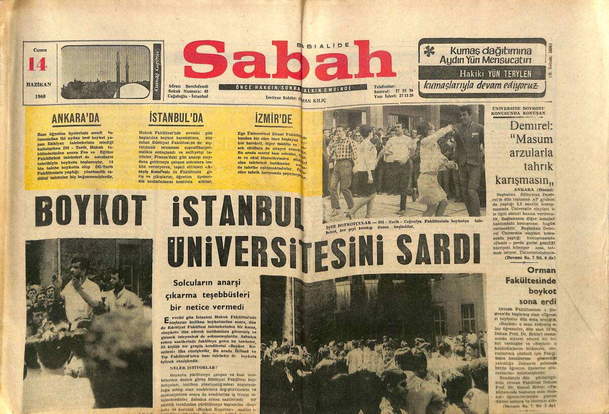 Sabah Gazetesi 14 Haziran 1968 - Boykot İstanbul Üniversitesini Sardı - Burgiba : En Yakın Dostumuz Türklerdir GZ149853 - 1