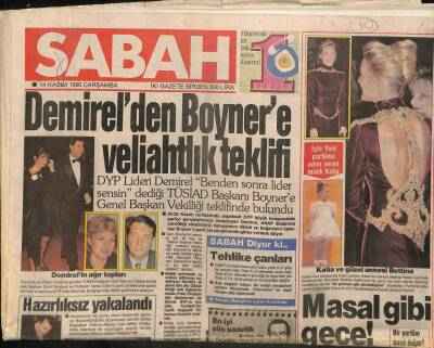 Sabah Gazetesi 14 Kasım 1990 - Demirelden Boynere Veliahtlık Teklifi GZ93531 - 1