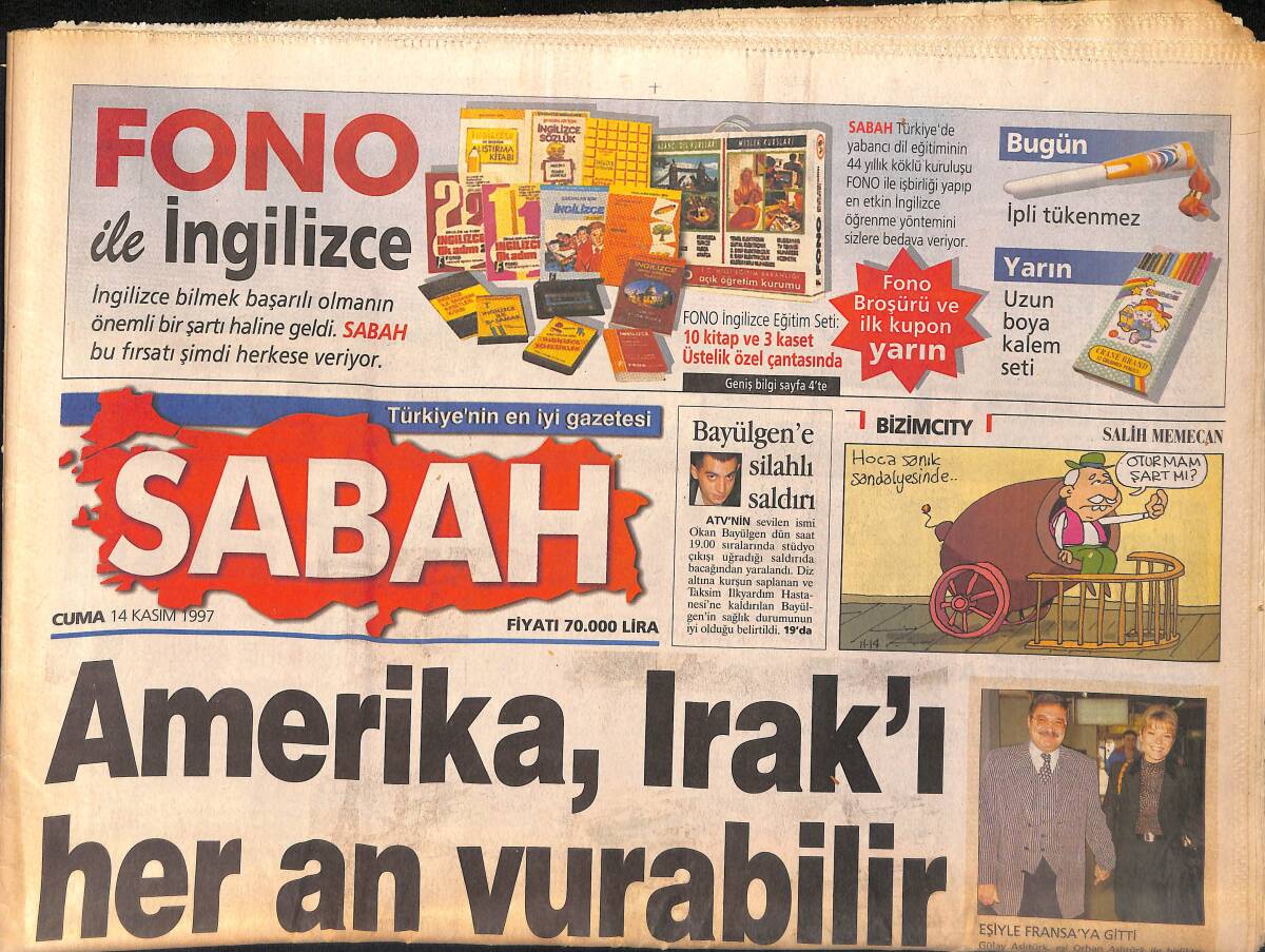 Sabah Gazetesi 14 Kasım 1997 - Saddam'ın Amerikalıları Sınır Dışı Etme Kararı Düşen Tansiyonu Tekrar Yükseltti... - Valilere İnsan Hakları Dersi ! GZ155489 - 1