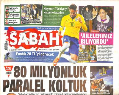 Sabah Gazetesi 14 Kasım 2014 - Rosettanın Güneş Panelleri Tehlikede - U2nin Solisti Bono Ölümden Döndü GZ124436 - 1