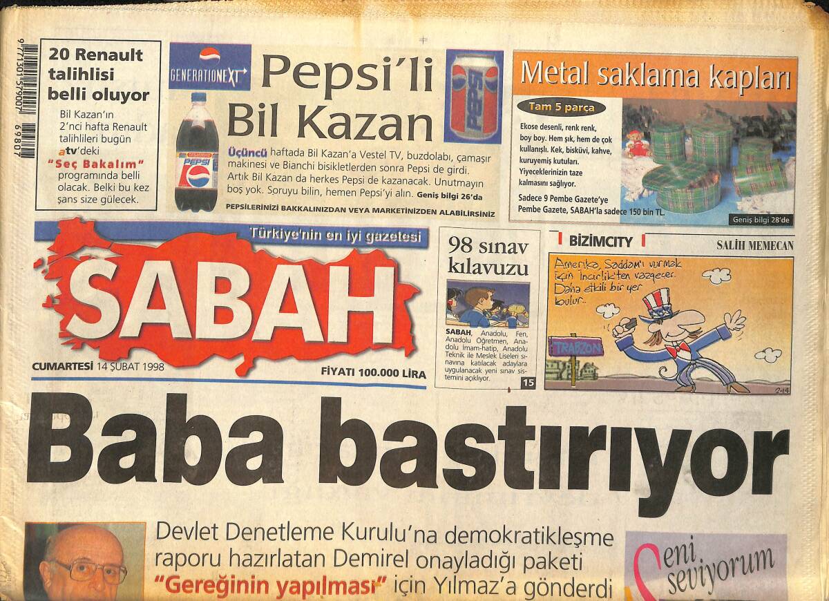 Sabah Gazetesi 14 Şubat 1998 - Ali Şen'den Bariç'e Oyun - Ürdün'de Durum : Hükümet Batıcı Halk Saddamcı GZ155412 - 1