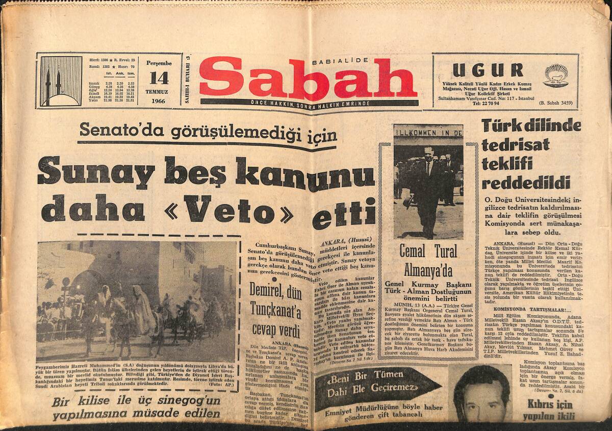 Sabah Gazetesi 14 Temmuz 1966 - Pele Bulgarların Başını Döndürdü - Avrupa'nın En Büyük Çarşısı İstanbul'da GZ149781 - 1