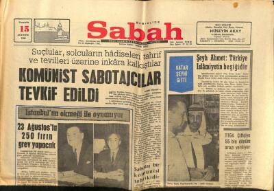 Sabah Gazetesi 15 Ağustos 1968 - Komünist Sabotajcılar Tevkif Edildi GZ64262 - 2