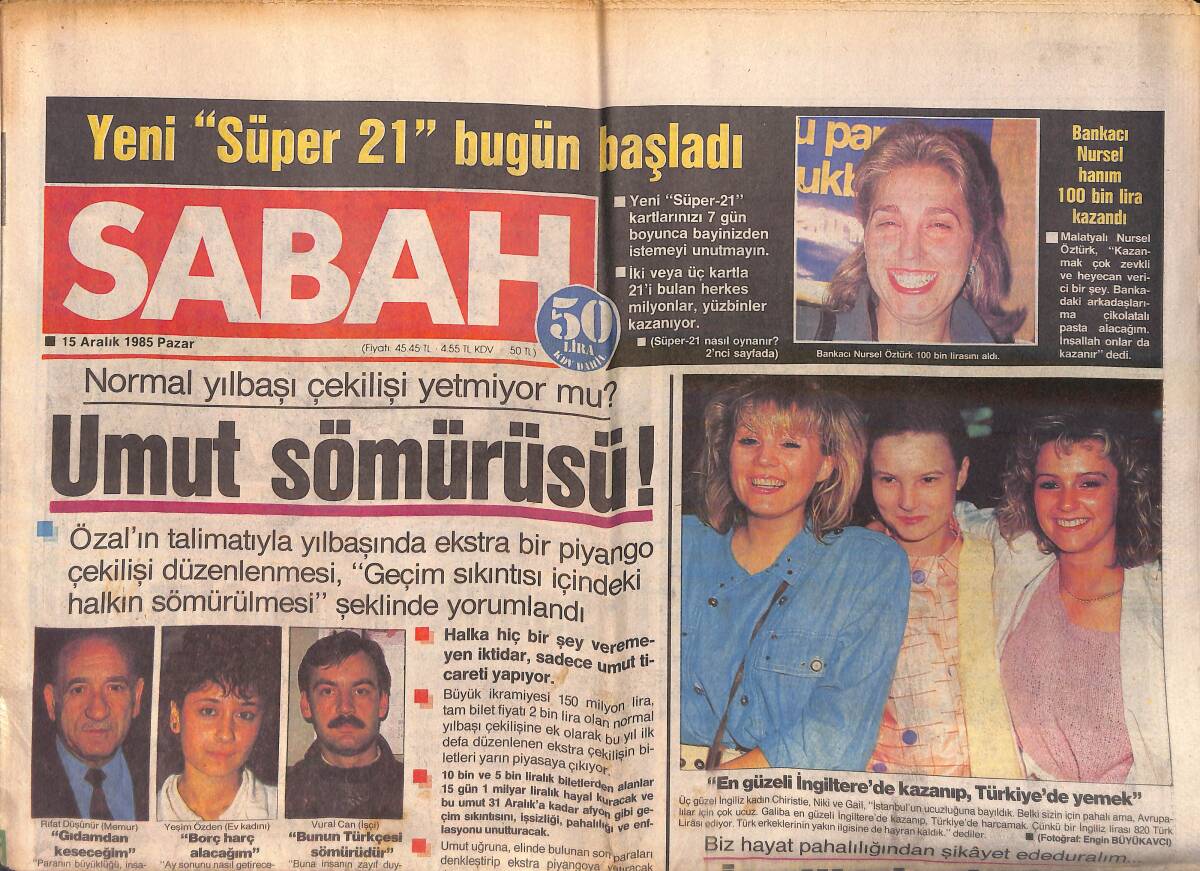 Sabah Gazetesi 15 Aralık 1985 - Nükhet Duru 