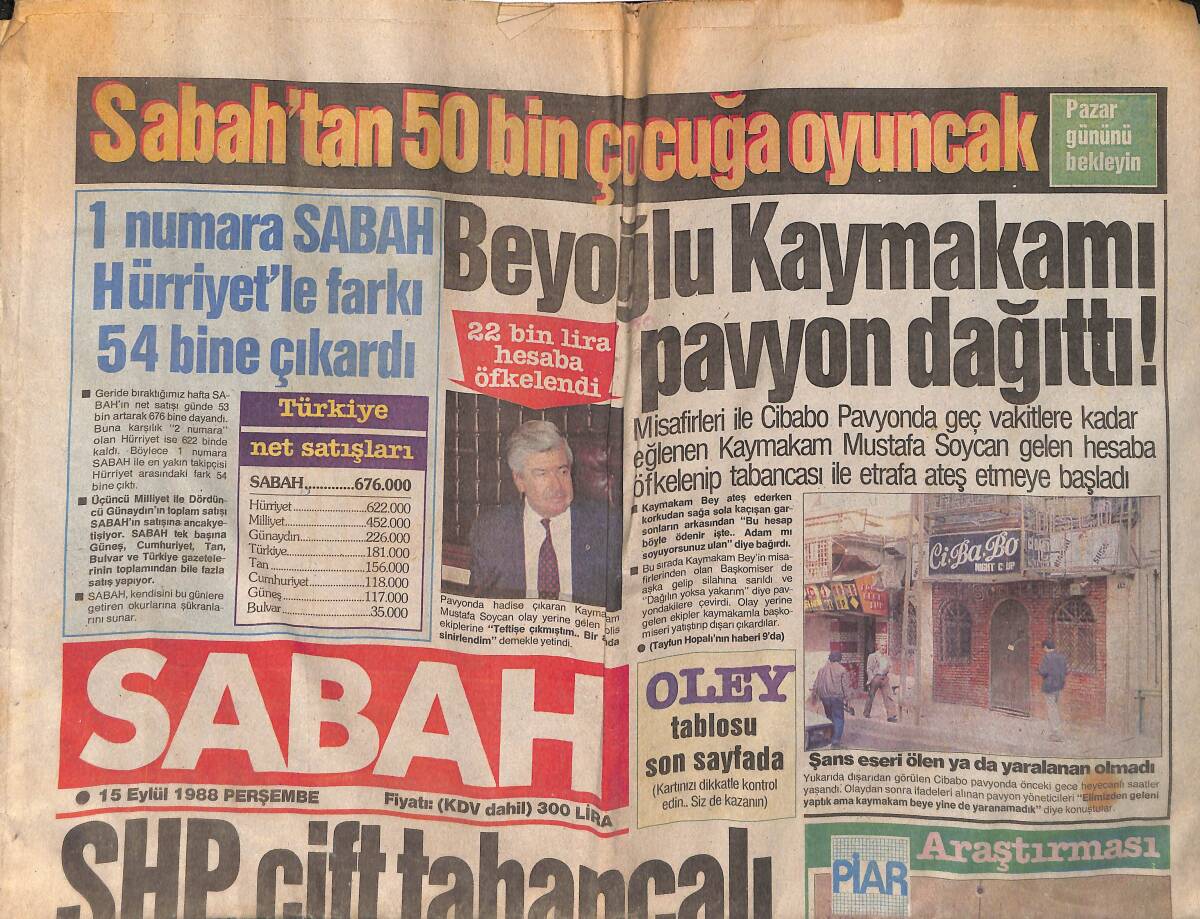 Sabah Gazetesi 15 Eylül 1988 - Beyoğlu Kaymakamı Pavyon Dağıttı - Taşbebek Gönül Yazar Ateş Püskürüyor GZ152870 - 1