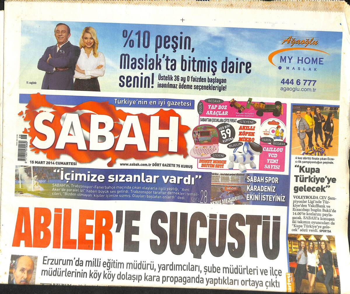 Sabah Gazetesi 15 Mart 2014 - Kupa Türkiye'ye Gelecek - YGS'YE Paralel Sabotoj Planı - Yarım Tonluk İhbar GZ135779 - 1