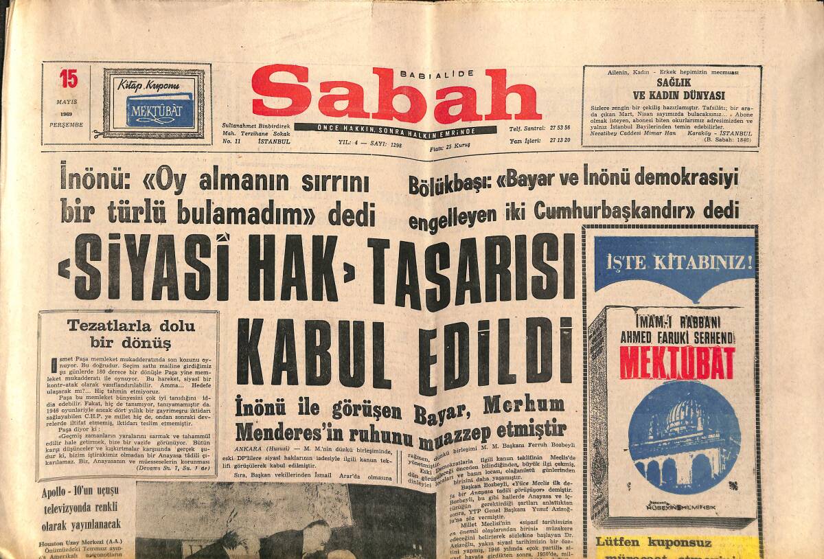 Sabah Gazetesi 15 Mayıs 1969 - Türk'ün Kurtuluş Savaşı 50 Yıl Önce Bugün Başlamıştı - Orhan Kiverlioğlu Aydın'da Konferans Verecek GZ149724 - 1