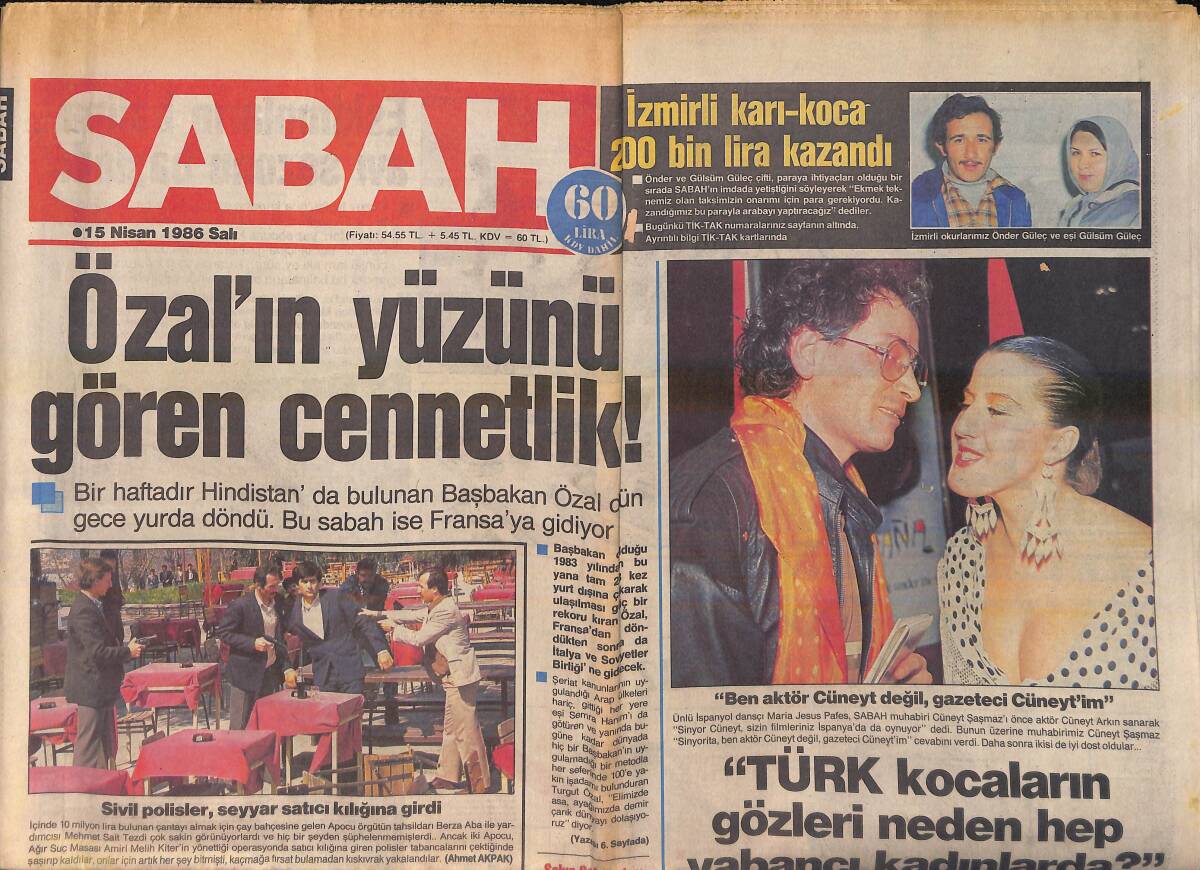 Sabah Gazetesi 15 Nisan 1986 - Türkan Şoray, 2 Milyon Liralık Davayı Kazandı - Apo'nun Fidyecisi yakalandı - Maria Jesus, Pafes Grubuyla... GZ155855 - 1