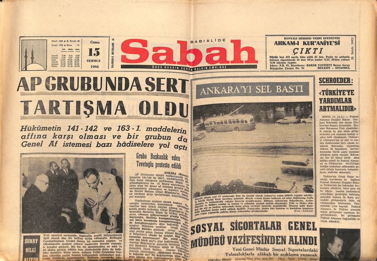Sabah Gazetesi 15 Temmuz 1966 - AP Grubunda Sert Tartışma Oldu - Ankara'yı Sel Bastı GZ149782 - 1