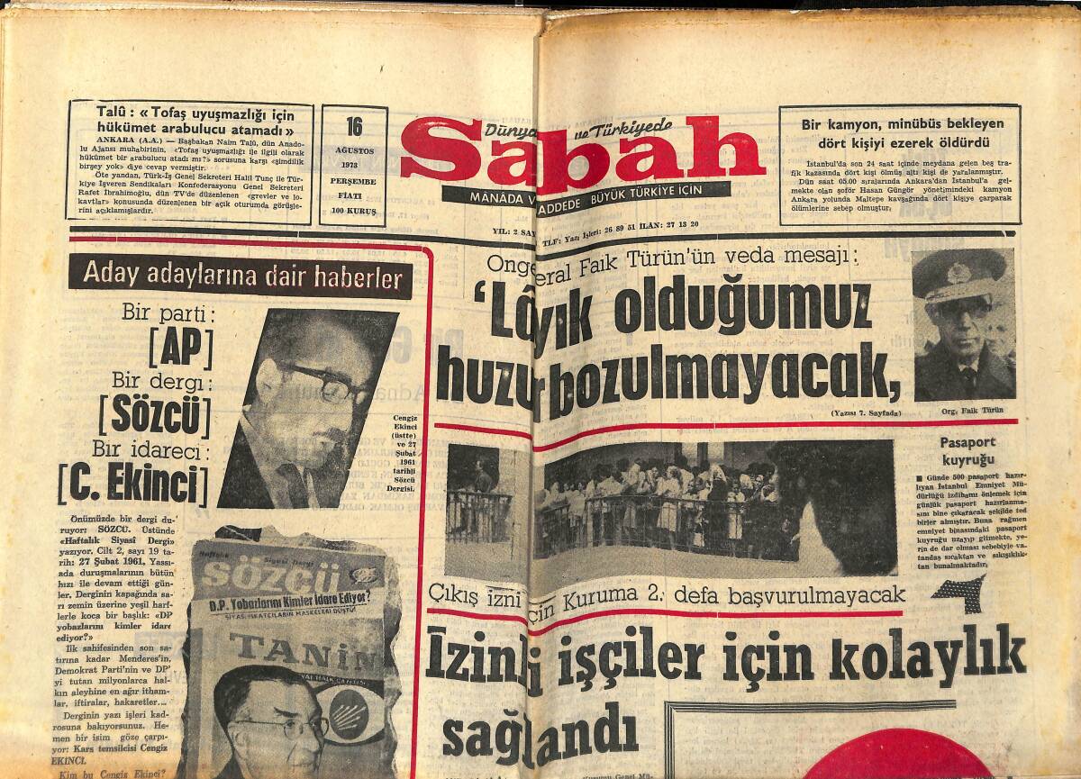 Sabah Gazetesi 16 Ağustos 1973 - Banu'nun İdamı İstendi - Torun Celal Bayar, Dede Celal Bayar'ın Konuşmalarını Teybe Alıyor GZ149978 - 1