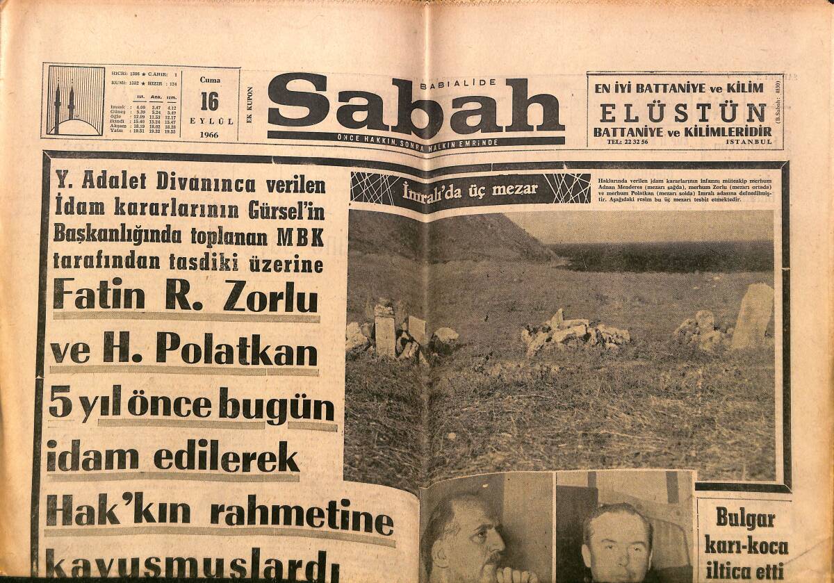 Sabah Gazetesi 16 Eylül 1966 - Cemal Gürsel 27 Mayıs Şehitliğine Defnedilecek - Ringlerin Yenilmeyen Adamı Muhammed Ali - Metin Oktay Oynuyor GZ149808 - 1