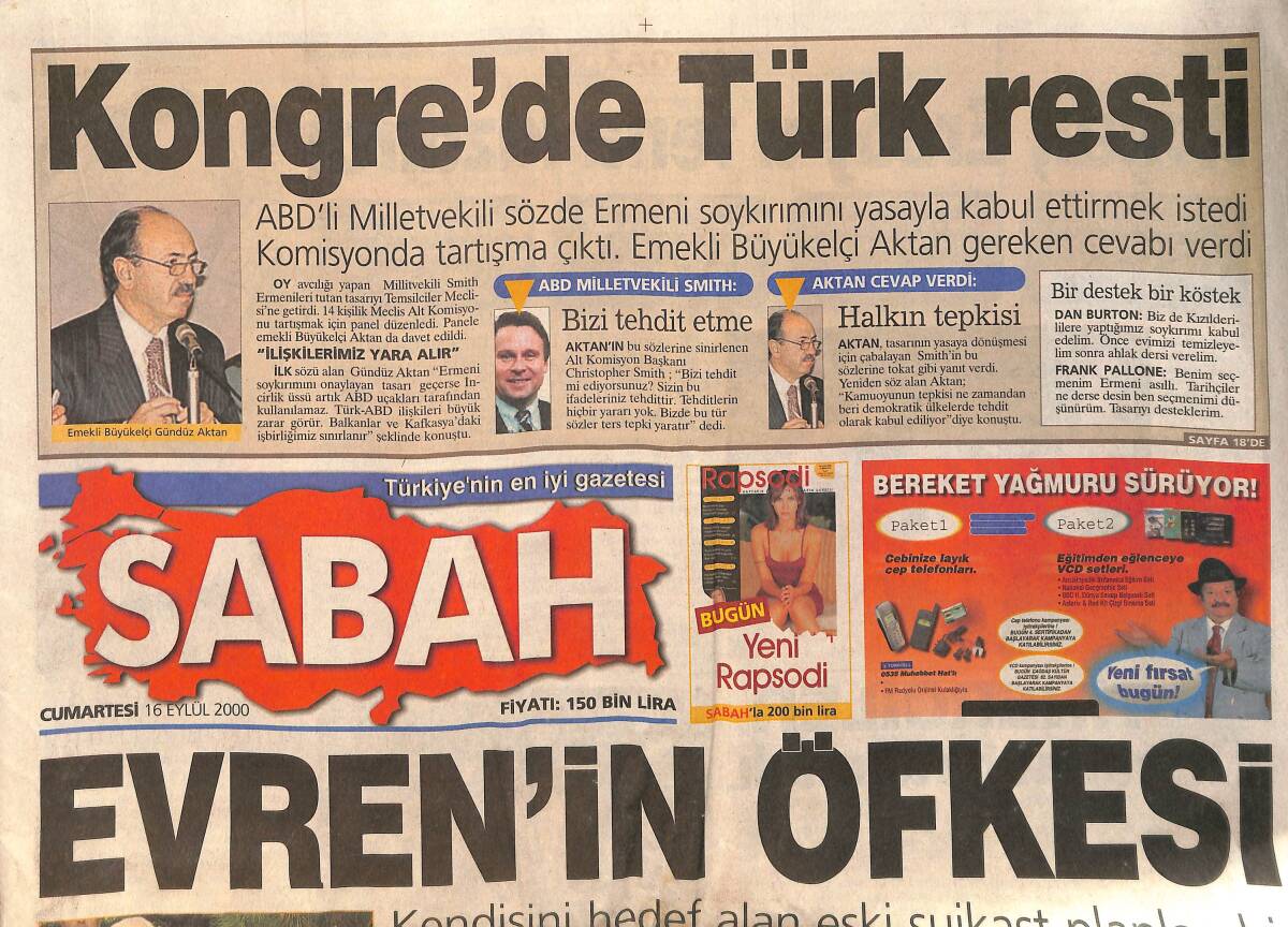 Sabah Gazetesi 16 Eylül 2000 - Fatih Terime Sert Eleştiri - Hagi'ye 5 Maç Ceza - Kenan Evren'in Büyük Öfkesi - Halil Mutlu Olimpiyatlarda GZ158090 - 1