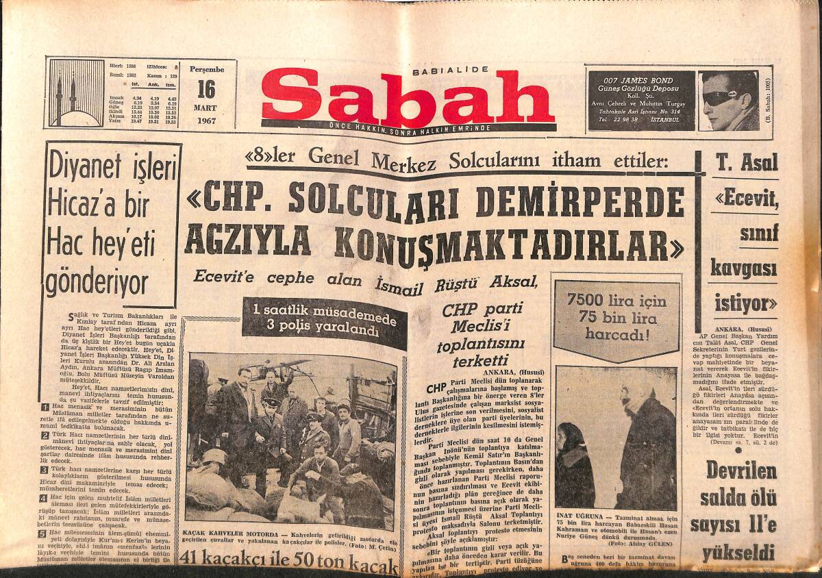 Sabah Gazetesi 16 Mart 1967 - T. Asal '' Ecevit Sınıf Kavgası İstiyor '' - Diyanet İşleri Hicaz'a Bir Hac Heyeti Gönderiyor GZ149743 - 1