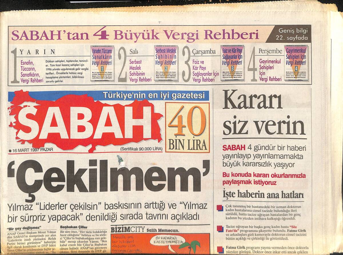 Sabah Gazetesi 16 Mart 1997 - 300 Türk'ün Korkulu Bekleyişi - Cennet Ada Pembe Çerçeve'de GZ148016 - 1