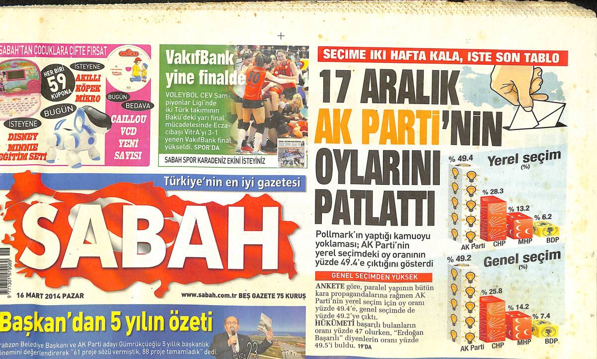 Sabah Gazetesi 16 Mart 2014 - Seçime İki Hafta Kala, İşte Son Tablo - Başbakan Erdoğan: Casusluktan Yargılanacaklar GZ135766 - 1