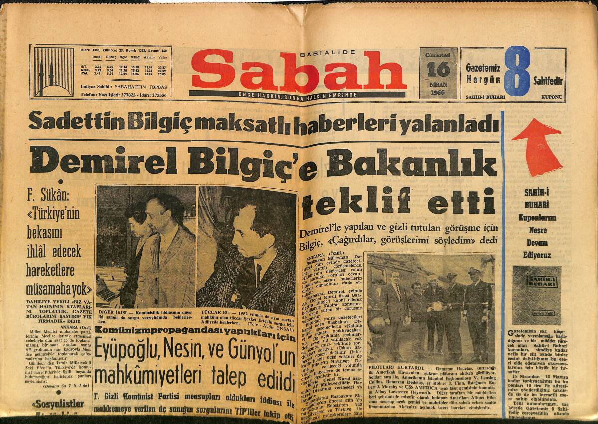 Sabah Gazetesi 16 Nisan 1966 - Demirel Bilgiç'e Bakanlık Teklif Etti GZ149745 - 1