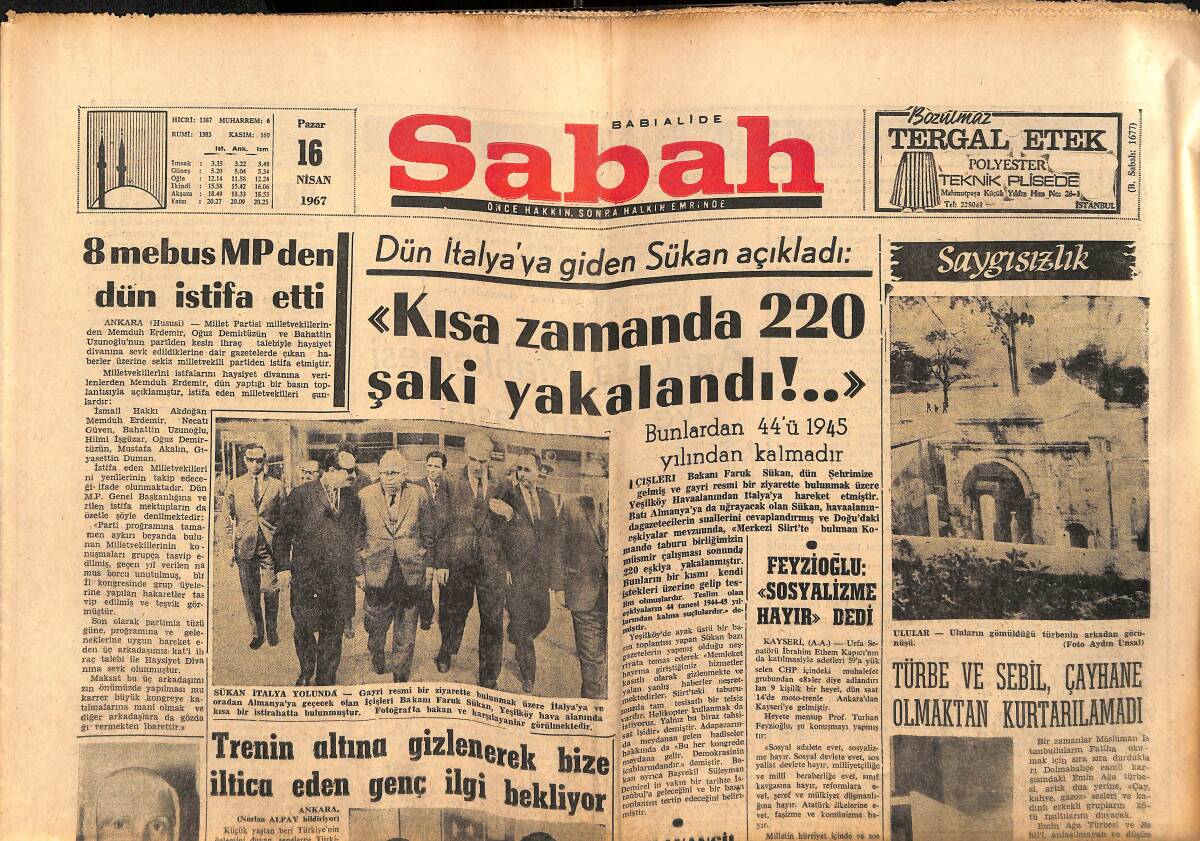 Sabah Gazetesi 16 Nisan 1967 - Asya'nın İncisi İslamabad - Feyzioğlu, Sosyalizme Hayır Dedi GZ150408 - 1