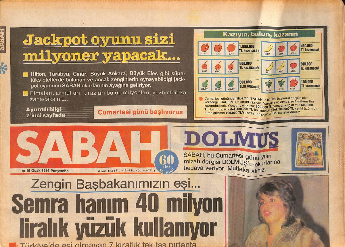 Sabah Gazetesi 16 Ocak 1986 - Kadir İnanır Ve Tarık Akan Birinci Oldu - Evren'in Tunus,Katar Ve Mısır Gezisi Başlıyor GZ160264 - 1