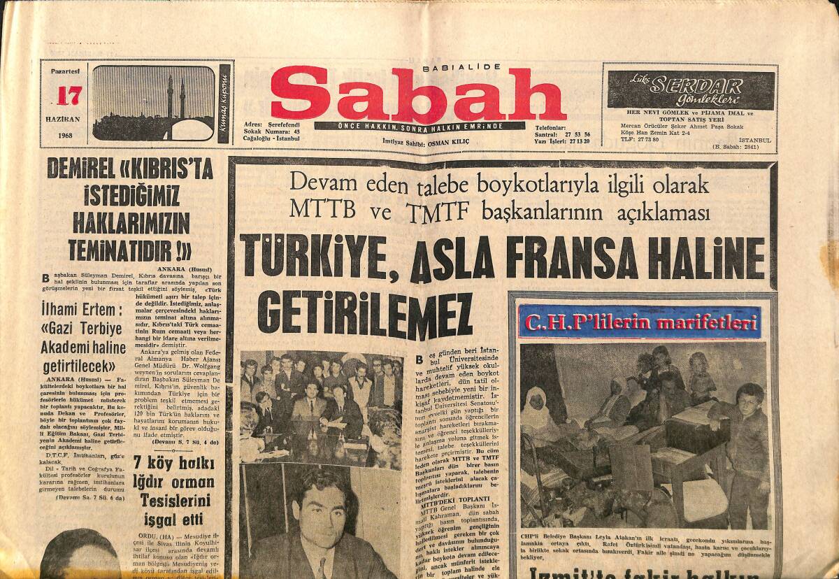 Sabah Gazetesi 17 Haziran 1968 - Fatih Türbesi Perişan Halde - Demirel Kıbrıs'ta İstediğimiz Haklarımızın Teminatıdır GZ149714 - 1