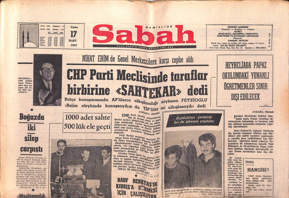 Sabah Gazetesi 17 Mart 1967 - Heybeliada Papaz Okulundaki Yunanlı Öğretmenler Sınır Dışı Edilecek GZ149744 - 1