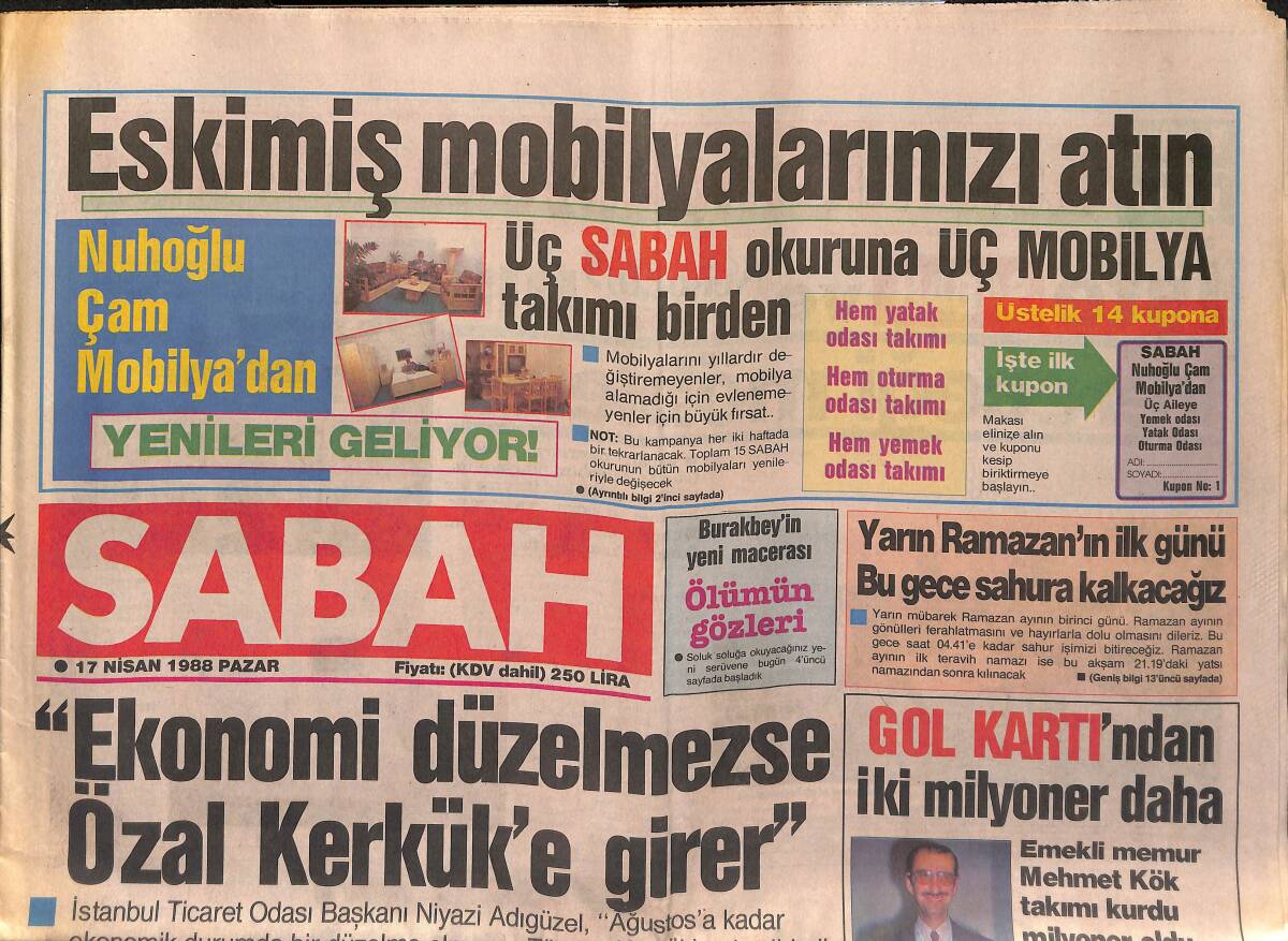 Sabah Gazetesi 17 Nisan 1988 - Türkiye Gazete Sahipleri Sendikası'nın Açıklaması - Bir Bardak Su 250 Lira GZ150481 - 1
