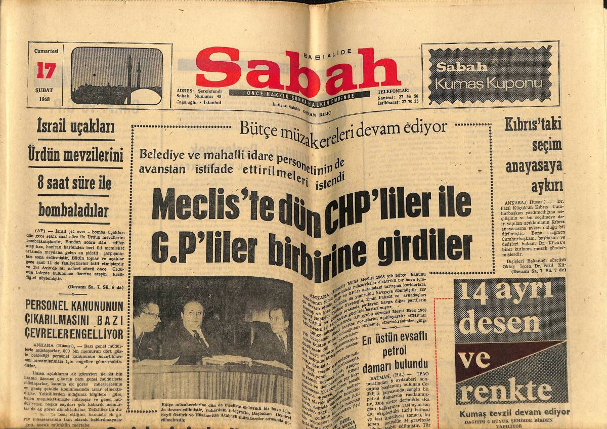 Sabah Gazetesi 17 Şubat 1968 - Sunay'a Karayollarının Çalışmaları İzah Edildi - Kıbrıs'taki Seçim Anayasaya Aykırı GZ148828 - 1
