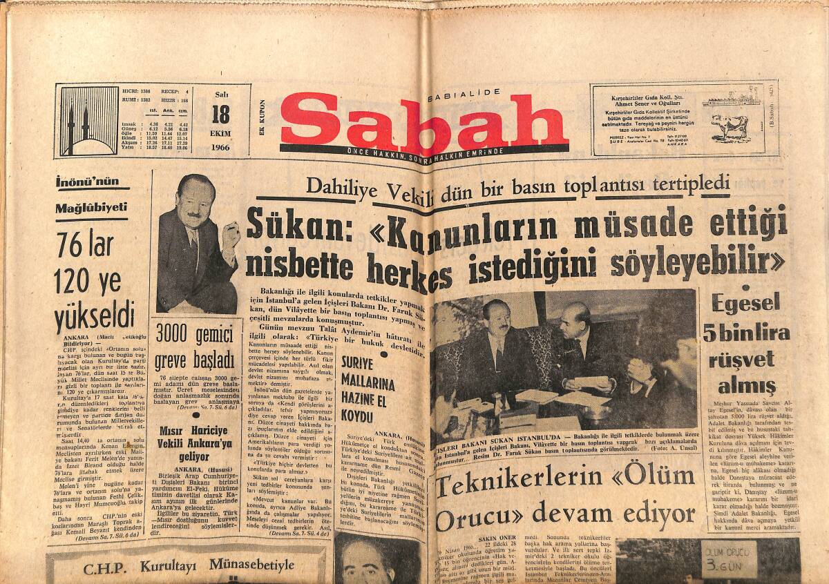Sabah Gazetesi 18 Ekim 1966 - İnönü'nün Mağlubiyeti - Suriye Mallarına Hazine El Koydu GZ150168 - 1