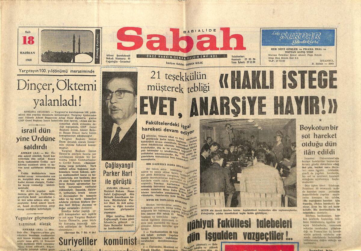 Sabah Gazetesi 18 Haziran 1968 - Mısır İle Turizm Anlaşması İmzalanacak - Dinçer , Öktem'i Yalanladı GZ150086 - 1