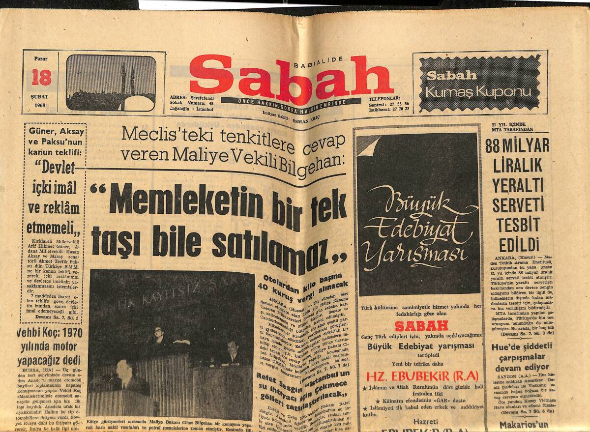 Sabah Gazetesi 18 Şubat 1968 - Vehbi Koç : 1970 Yılında Motor Yapacağız Dedi - 88 Milyar Liralık Yeraltı Serveti Tesbit Edildi GZ148799 - 1