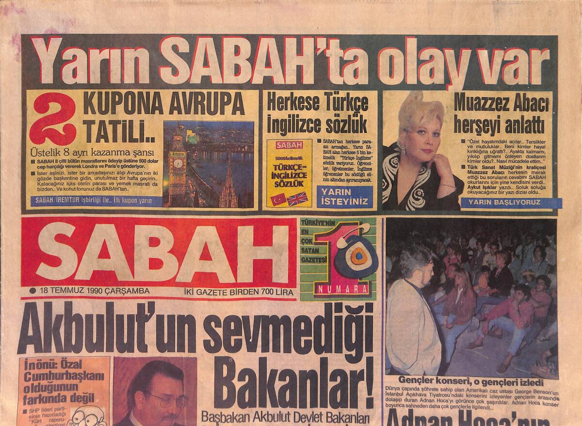 Sabah Gazetesi 18 Temmuz 1990 - Suna Yıldızoğlu Türkiye'yi Çok Seviyor - Beşiktaş Almanya'da GZ153413 - 1