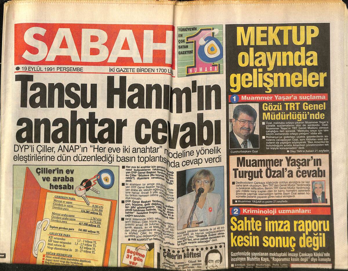 Sabah Gazetesi 19 Eylül 1991 - Sözen'in Tramvayına Kredi İzni Çıktı - Özal Diplomaside Ağırlığını Koydu GZ150456 - 1