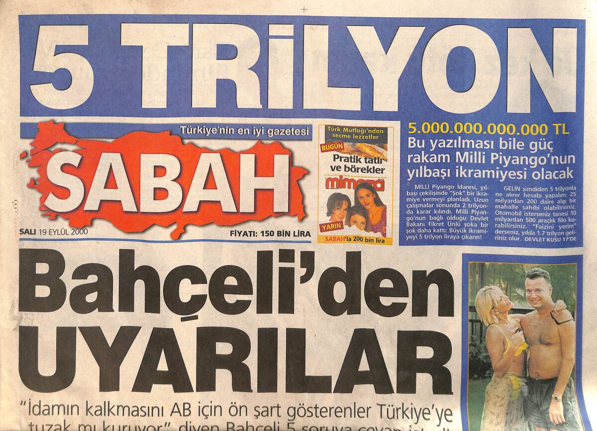 Sabah Gazetesi 19 Eylül 2000 - Naim Süleymanoğlu'na Teşekkür Gecesi-Kars'ta ki Kazada 21 Ölü,25 Yaralı - Ajda Pekkan ve İmam Nikahlı Eşi Balayında GZ158091 - 1