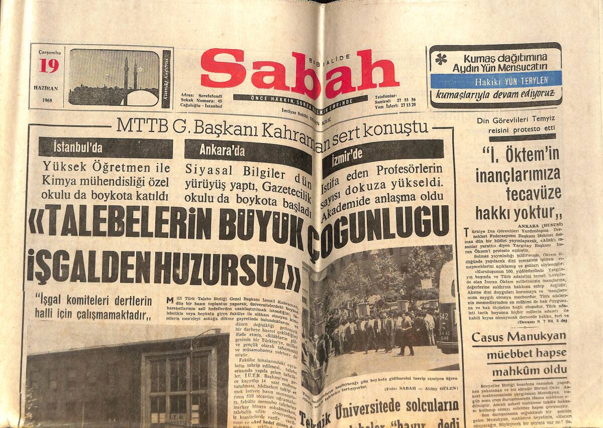 Sabah Gazetesi 19 Haziran 1968 - Casus Manukyan Müebbet Hapse Mahkum Oldu - Molnar: Bundan Sonra Hedefimiz 4 Kupa! GZ146323 - 1
