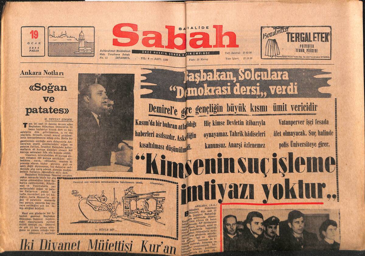 Sabah Gazetesi 19 Ocak 1969 - Zonguldak Kan Ağladı - Başbakan , Solculara Demokrasi Dersi Verdi GZ149728 - 1