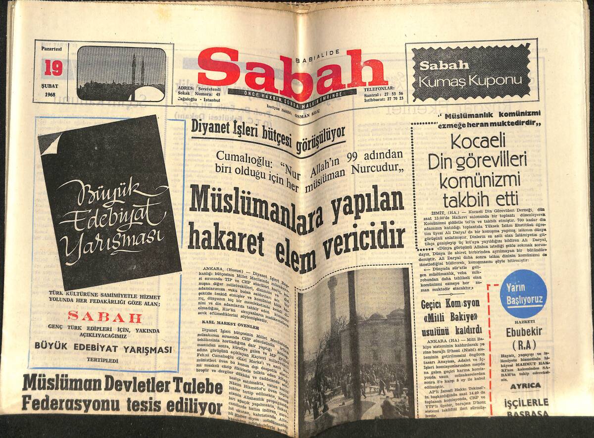 Sabah Gazetesi 19 Şubat 1968 - Kocaeli Din Görevlileri Komünizmi Takbih Etti - Galatasaray Lisesi 100 Yaşında GZ148970 - 1