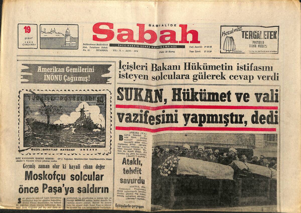 Sabah Gazetesi 19 Şubat 1969 - Sukan , Hükümet Ve Vali Vazifesini Yapmıştır Dedi - Pancar Motor Dış Piyasada GZ150103 - 1