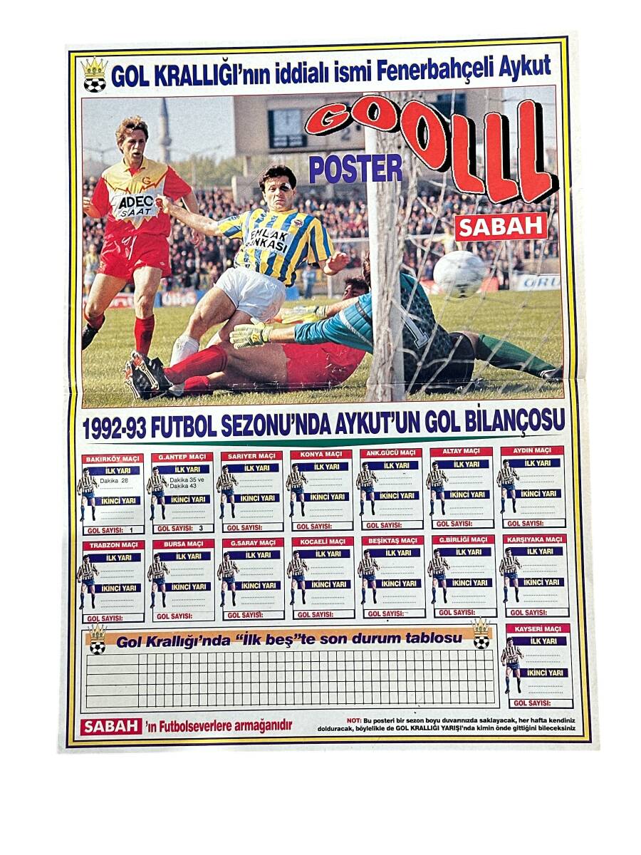 Sabah Gazetesi 1992-93 Sezonu Futbolcu Aykut'un Gol Bilançosu Poster KRT23292 - 1