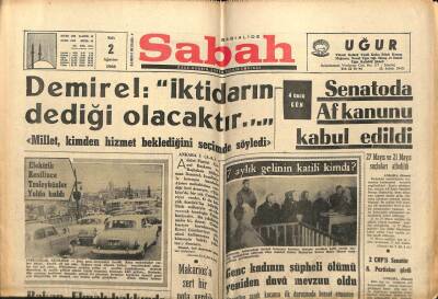 Sabah Gazetesi 2 Ağustos 1966 - Senatoda Af Kanunu Kabul Edildi GZ63981 - 2