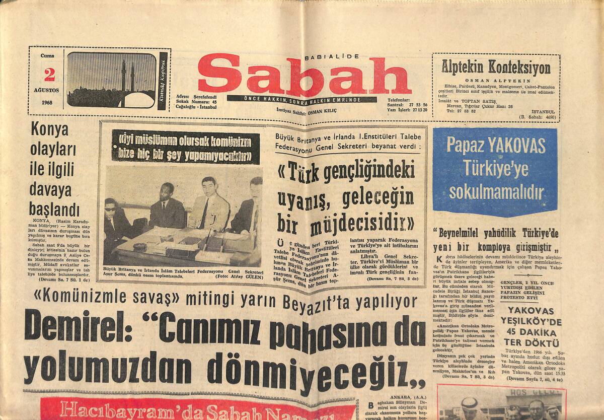 Sabah Gazetesi 2 Ağustos 1968 - Ruslar Çeklerden Taviz Kopartamadı - Papaz Yakovas Türkiye'ye Sokulmamalıdır GZ149903 - 1