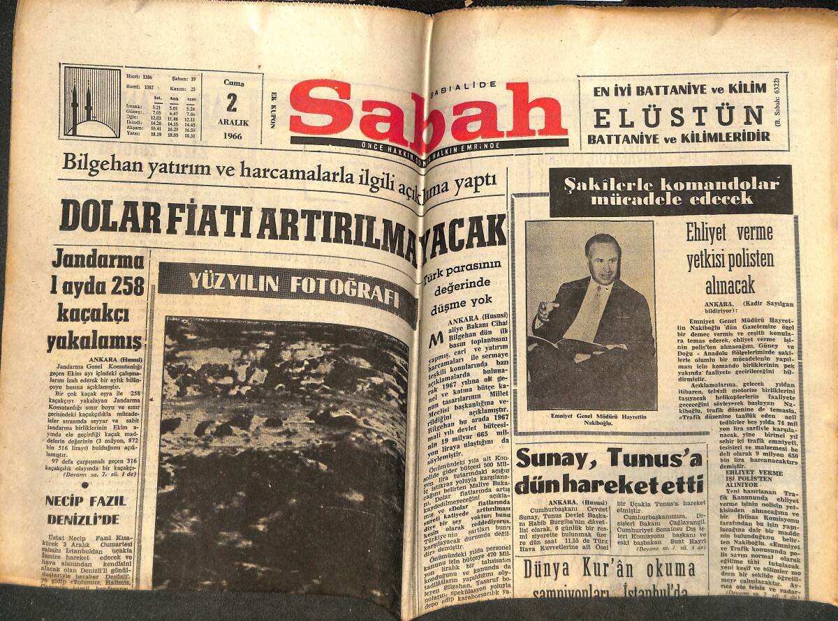 Sabah Gazetesi 2 Aralık 1966 - Dolar Fiatı Artırılmayacak - Sunay , Tunus'a Dün Hareket Etti GZ142909 - 1