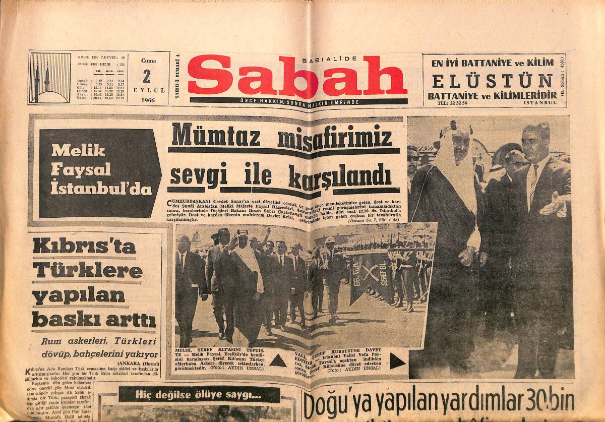 Sabah Gazetesi 2 Eylül 1966 - Melik Faysal İstanbul'da - Kıbrıs'ta Türklere Yapılan Baskı Arttı - İngiltere İle Fransa Birleştiriliyor GZ149807 - 1