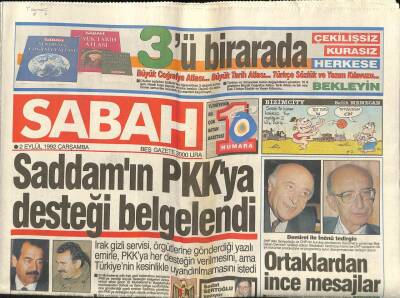 Sabah Gazetesi 2 Eylül 1992 - Saddamın PKKya Desteği Belgelendi GZ62112 - 2
