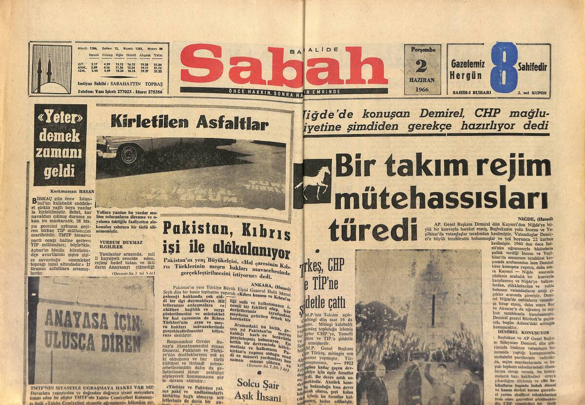 Sabah Gazetesi 2 Haziran 1966 - Bir Takım Rejim Mütehassısları Türedi - Türkeş, CHP Ve TİP'ne Şiddetle Çattı GZ149962 - 1