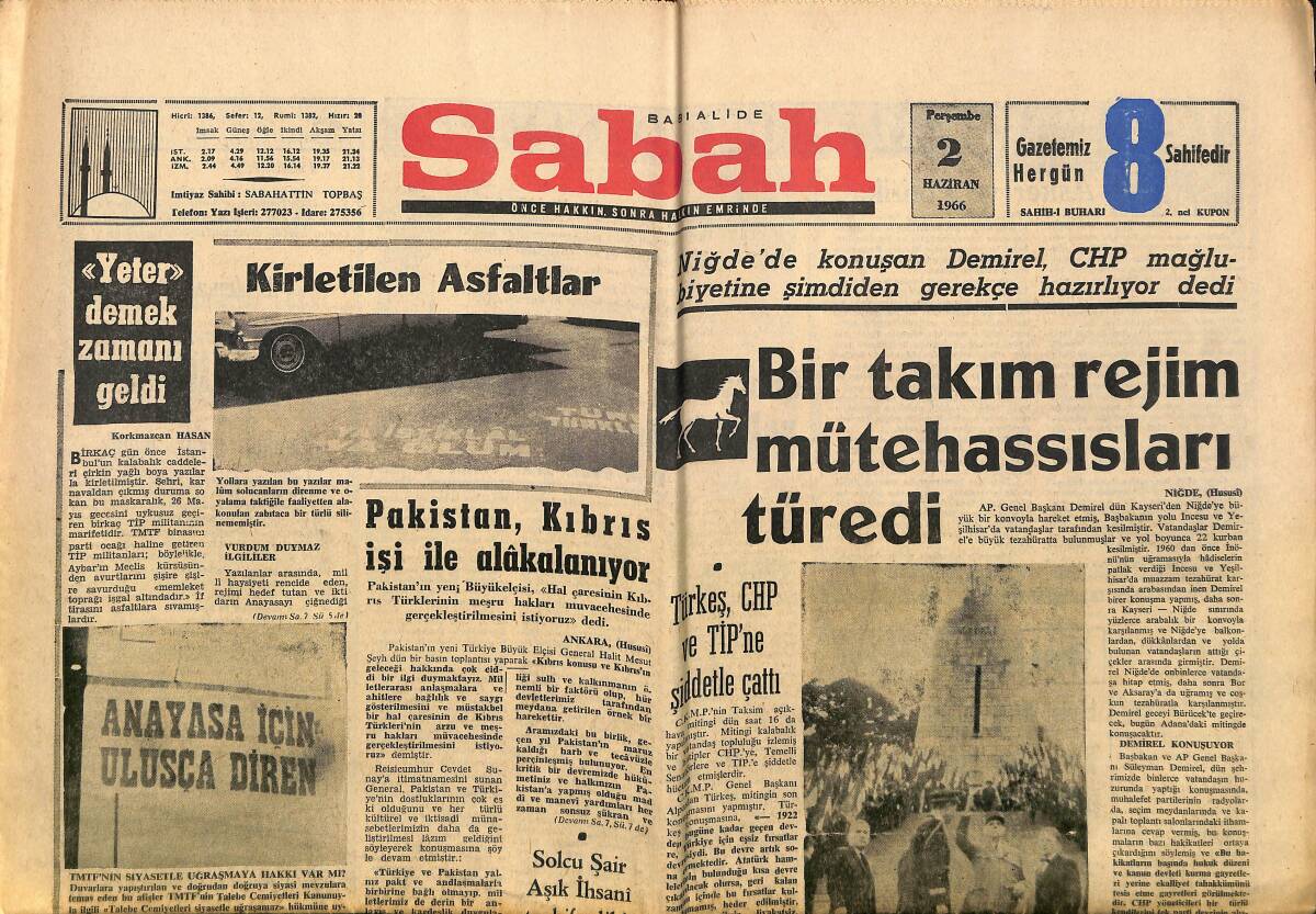 Sabah Gazetesi 2 Haziran 1966 - Solcu Şair Aşık İhsani Tevkif Edildi - Akargal : CHP Muhalefeti Yırtıcıdır GZ160463 - 1